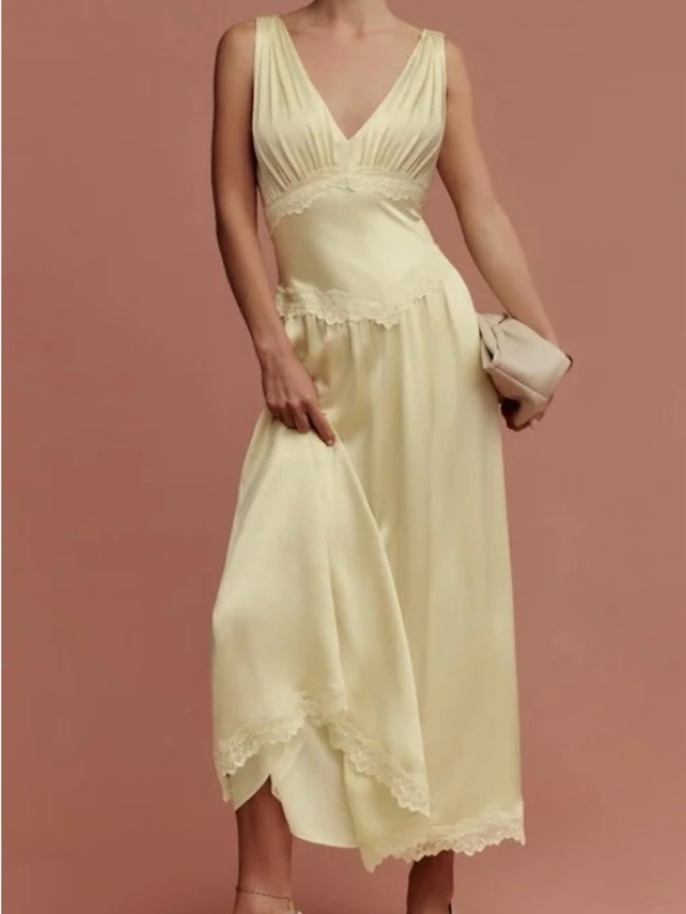 Reformation Pale Yellow V-Neck Lace-Trim Midi Dress